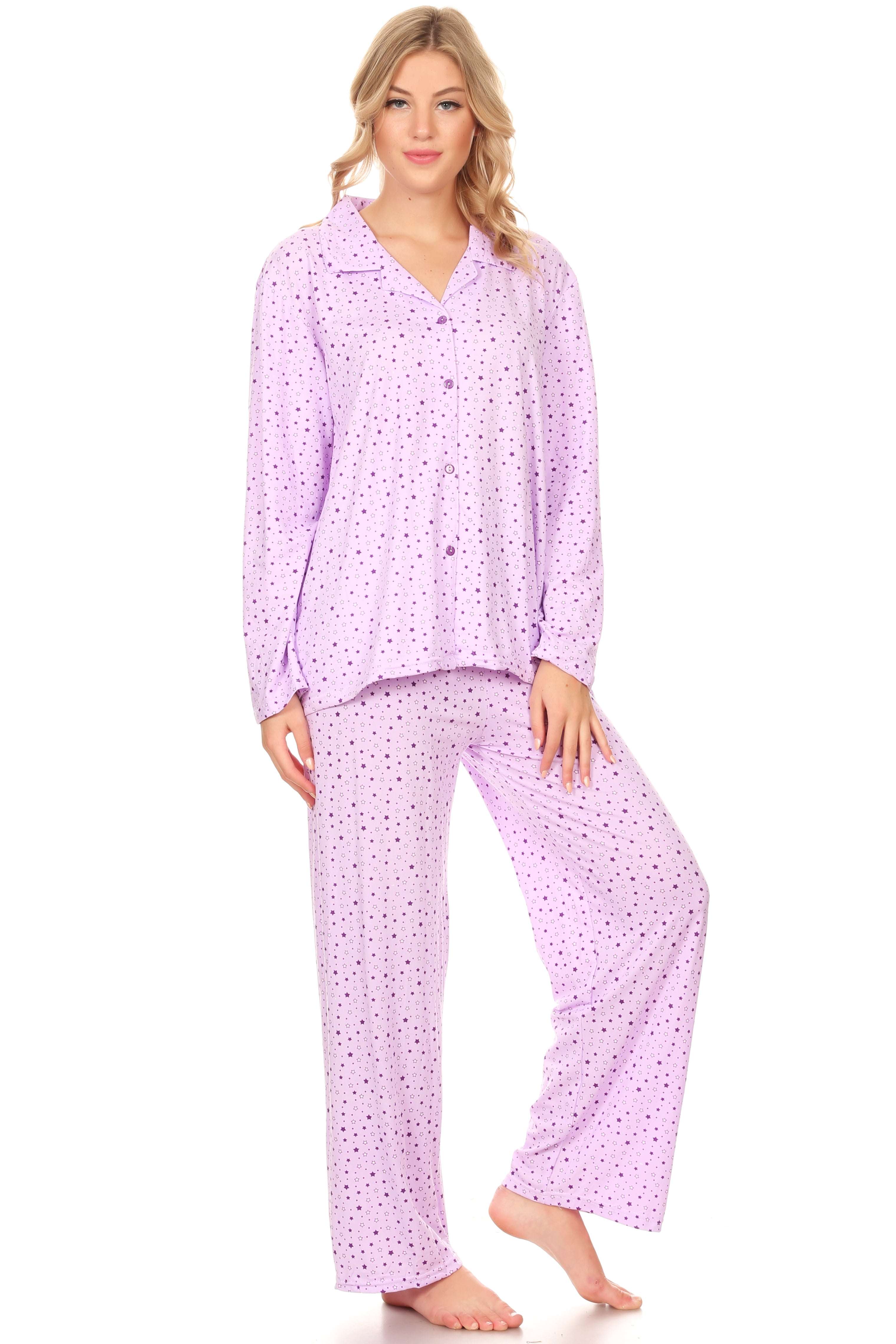 Z2151 Womens Sleepwear Pajamas Woman Long Sleeve Button Down set Purple ...
