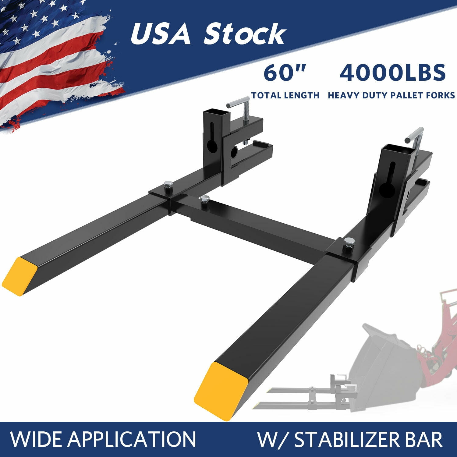 4000Lbs Tractor Pallet Forks for John Deere Tractors Skid Steer Bucket,60 Quick Attach With Stabilizer Bar 