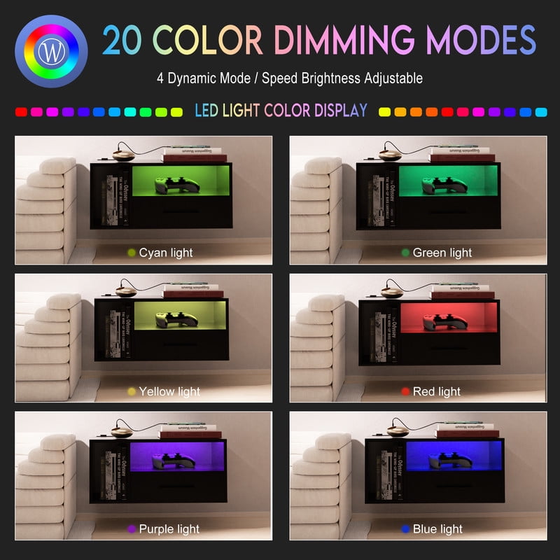 LED Nightstand with Remote Control 26.8” Modern Floating Nightstand with USB Port and Outlet for Bedroom, Black