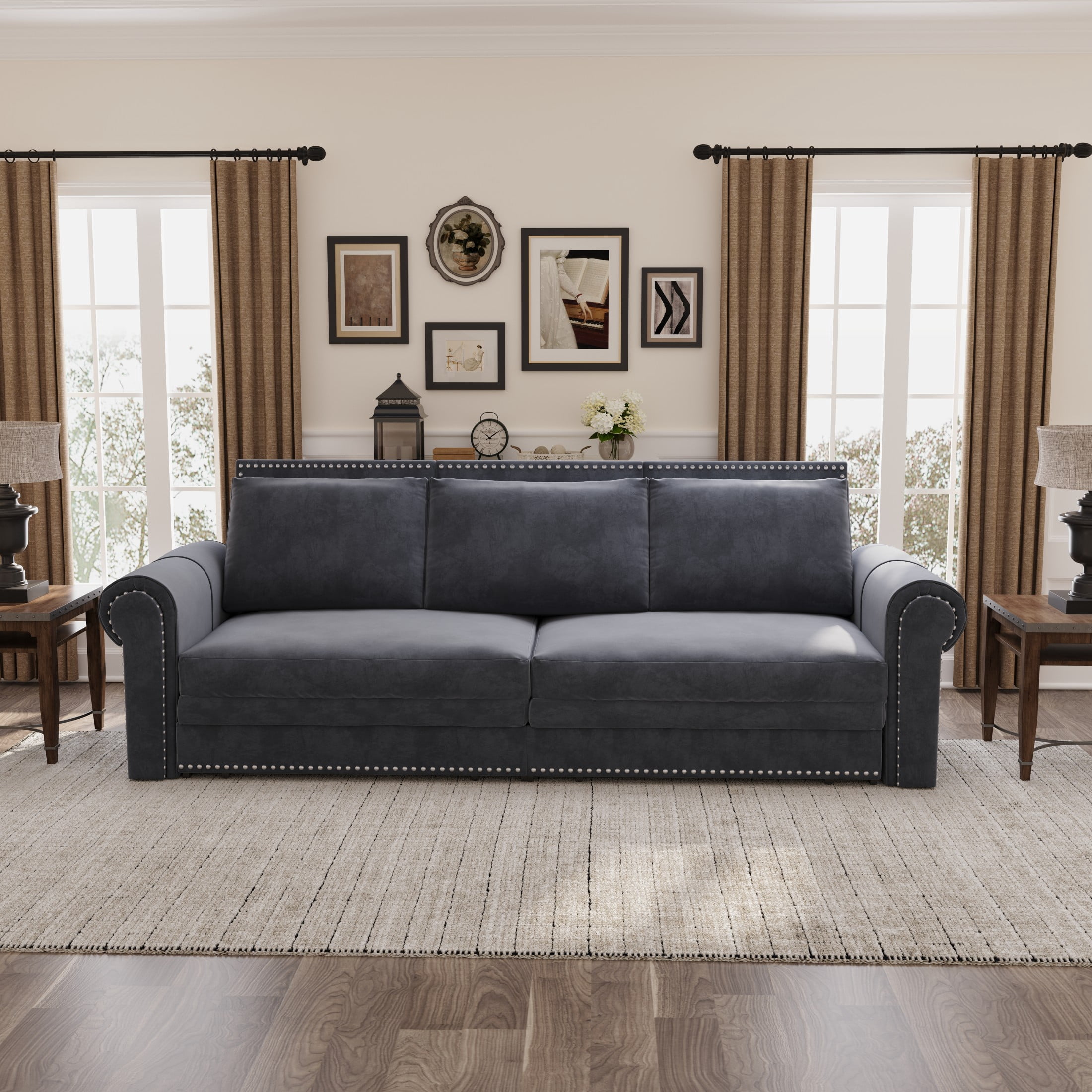 Noble House Lexair Velvet Chesterfield Pull Out Sofa Bed, 3-in-1 King Sleeper Couch with Nailheads & Rolled Arm, Grey