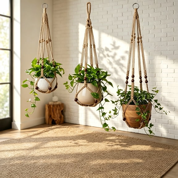 Macrame Plant Hanger 3 Pack, 23/29/35 Inch Hanging Planter Holders with Wood Beads, Indoor & Outdoor Boho Plant Hangers for Home, Office & Patio