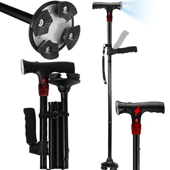 Bastón para caminar para hombres y mujeres con alarma, luz LED y mango plegable, plegable, ajustable, ligero y autoportante para personas mayores y adultos.