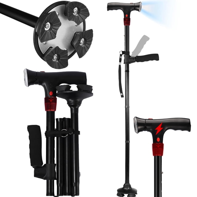 Bastón para caminar para hombres y mujeres con alarma, luz LED y mango plegable, plegable, ajustable, ligero y autoportante para personas mayores y adultos.
