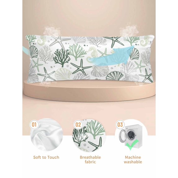 Sage Green Coastal Pillow Cases Body Size, Smooth Satin Pillowcase for Hair and Skin, Summer Beach Starfish Coral Nautical Decorative Cooling Bed Pillow Covers with Zipper, 20x54 Inches