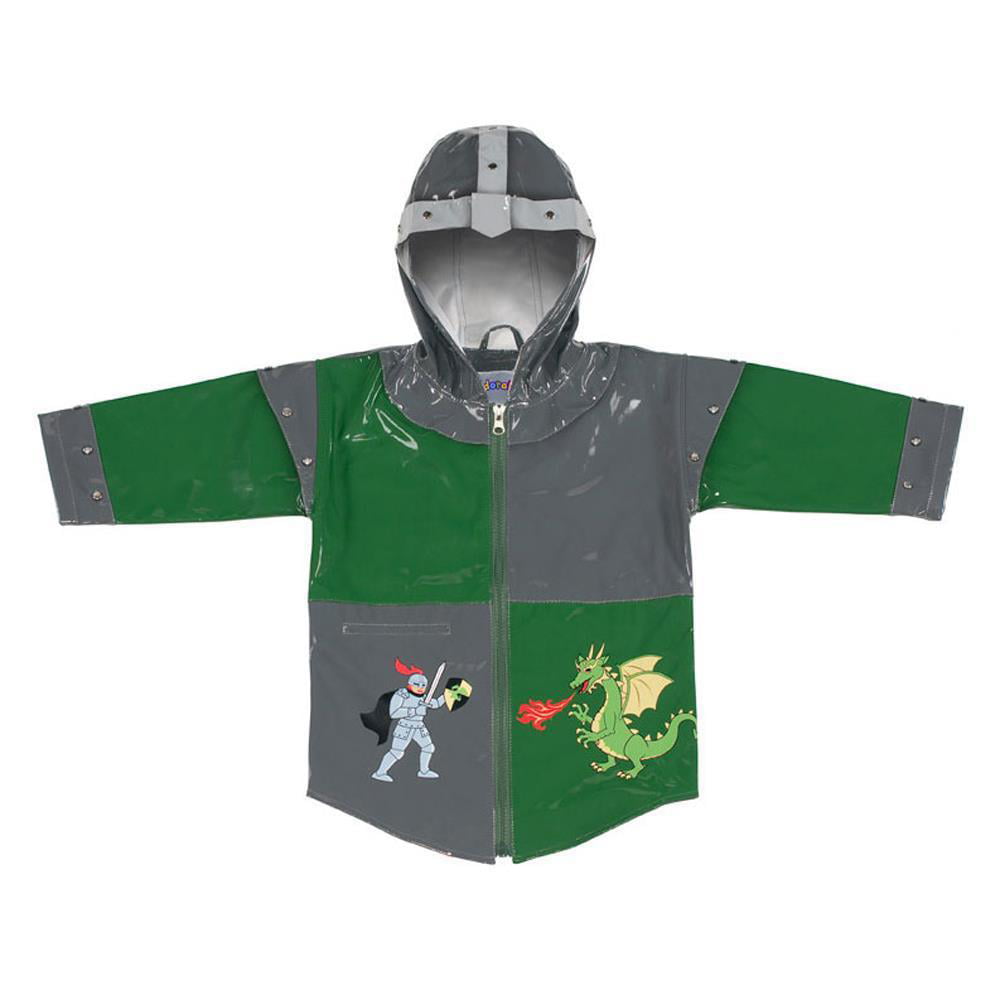 KIDORABLE Dragon Knight Grey/Green PU All-Weather Raincoat for Boys with Fun Knights Helmet