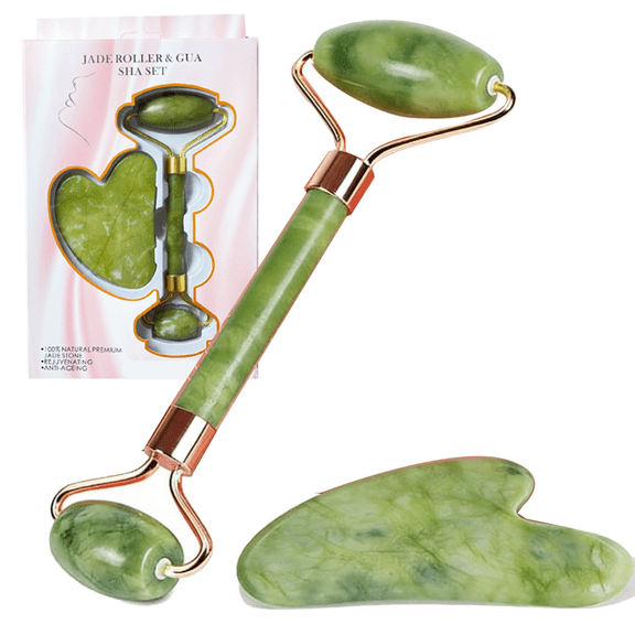 Prichor IcyMe Gua Sha & Jade Roller Facial Tools Face Roller and Gua Sha Set for Puffiness and Redness Reducing Skin Care Routine, Self Care Gift for Men Women - Green