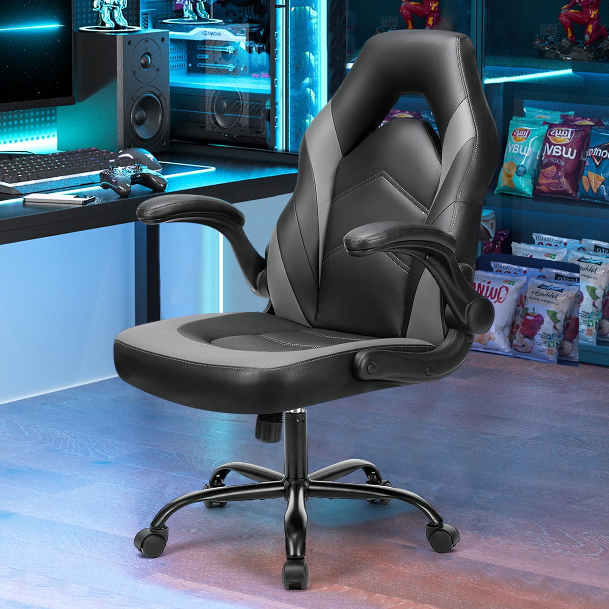 Bigleap Gaming Chair, Ergonomic Office Leather Racing Chair with Flip-up Armrest, Black Gray