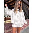 thumbnail image 4 of Women's Polka Dot Print Long Sleeve Top Elastic Waist Shorts Matching 2 Piece Loungewear Set White S, 4 of 9