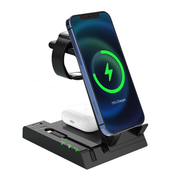 3-in-1 Wireless Charger Stand 15W Fast Charging Dock Station for IOS Headphones Watches Phones Black