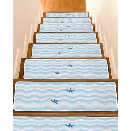 Blue White Striped Stair Treads for Wooden Steps Indoor Runner Rug Carpet Starfish Coastal Waves 15 Pieces Peel and Stick Staircase Step Treads Covers Washable Throw Door Mats 30 x8