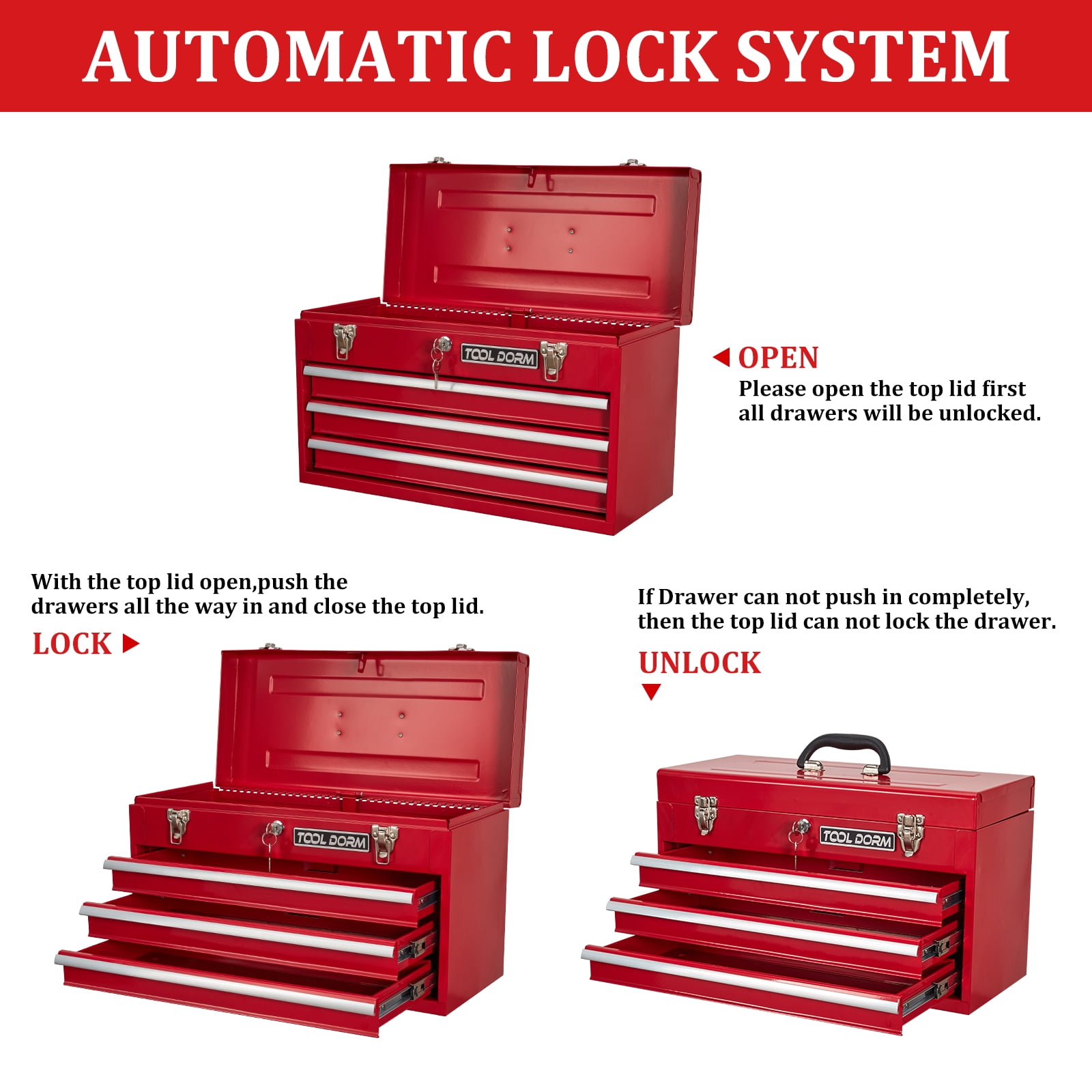 20.3“ Metal Tool Box with Drawer Portable Steel Metal Tool Box with Protective Liner and Metal Latch Closure and Lock for Garage, Home and Warehouse (Red-3 Drawers)