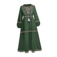 thumbnail image 3 of Vestido bohemio de manga larga, holgado, de lino y algodón, tradicional, con cuello redondo Verde, 3 of 8