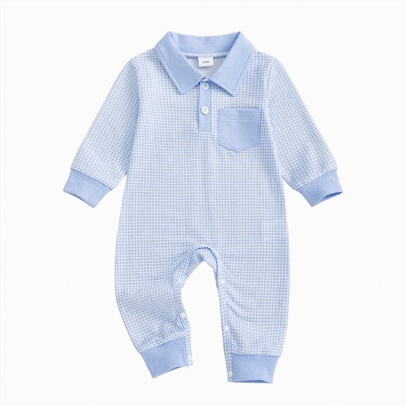YDFCWXW Baby Boy Plaid Romper Winter Outfit, Long Sleeve Lapel Collar Jumpsuit Playsuit (Blue, 0-3 Months)