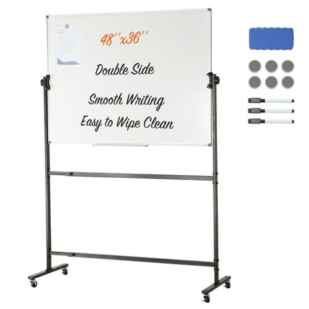 BENTISM Mobile Whiteboard Double-sided Rolling Magnetic Whiteboard 48 x 36 inch 360 Degree Reversible Rolling Dry Erase Board Height Adjustable with Lockable Swivel Wheels for Office School Home