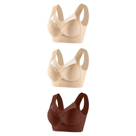GERsome Wireless Bras for Women Pack of 3 Assorted Color Seamless Full Coverage Comfortable Soft V Neck No Underwire Support Push Up Everyday Bra 3pcs-2Beige/Brown XL