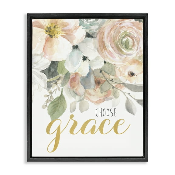 Stupell Industries Choose Grace on Florals Spiritual Painting Black Floater Framed Canvas Art Print Wall Art, 17 x 21