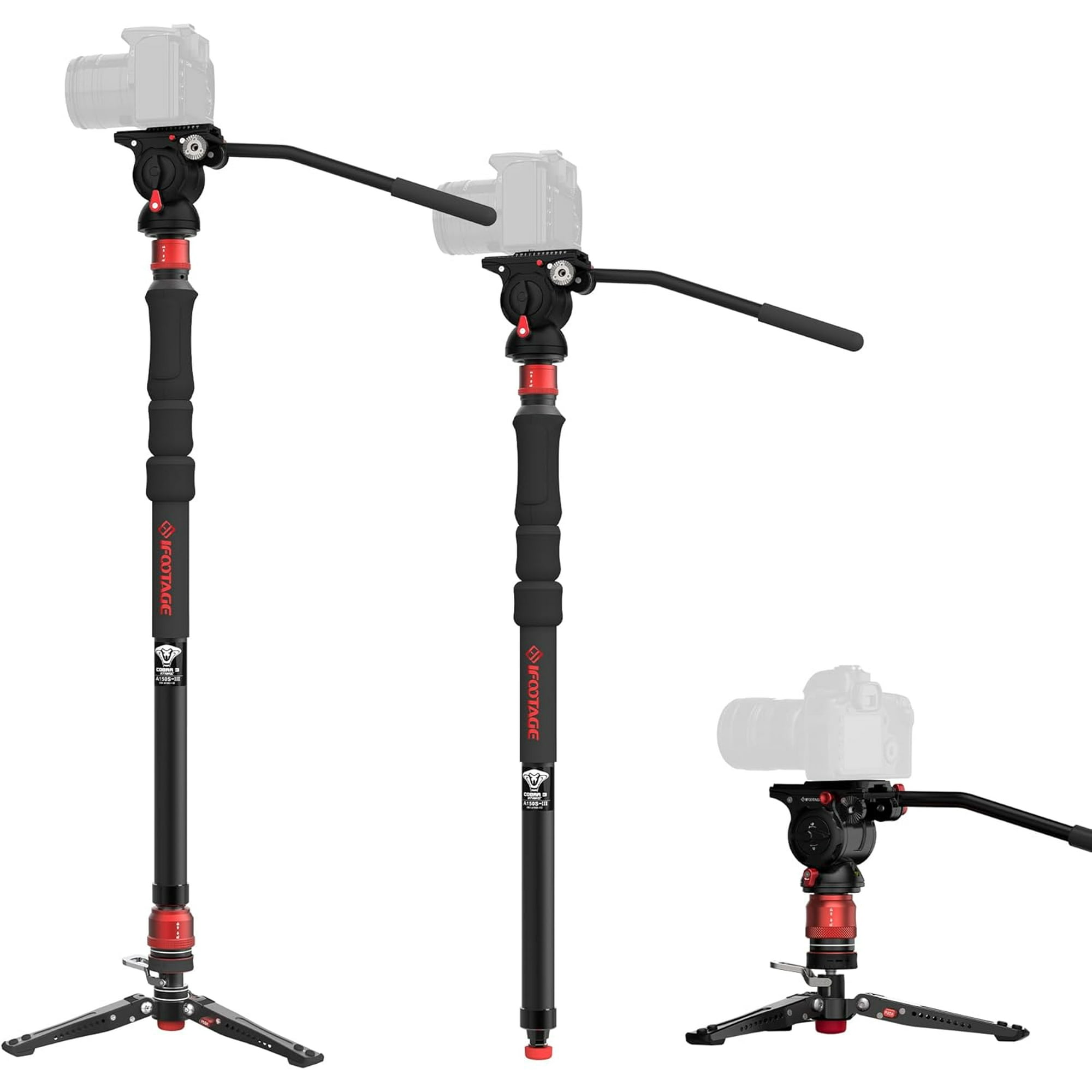 IFOOTAGE Cobra 3 Strike Monopod A150S-Ⅲ Camera Monopod with Feet & K5S Fluid Head Komodo, One-Touch Lifting Aluminum Video Monopod with Removable Tripod Base, Payload 11lb 60"/150cm