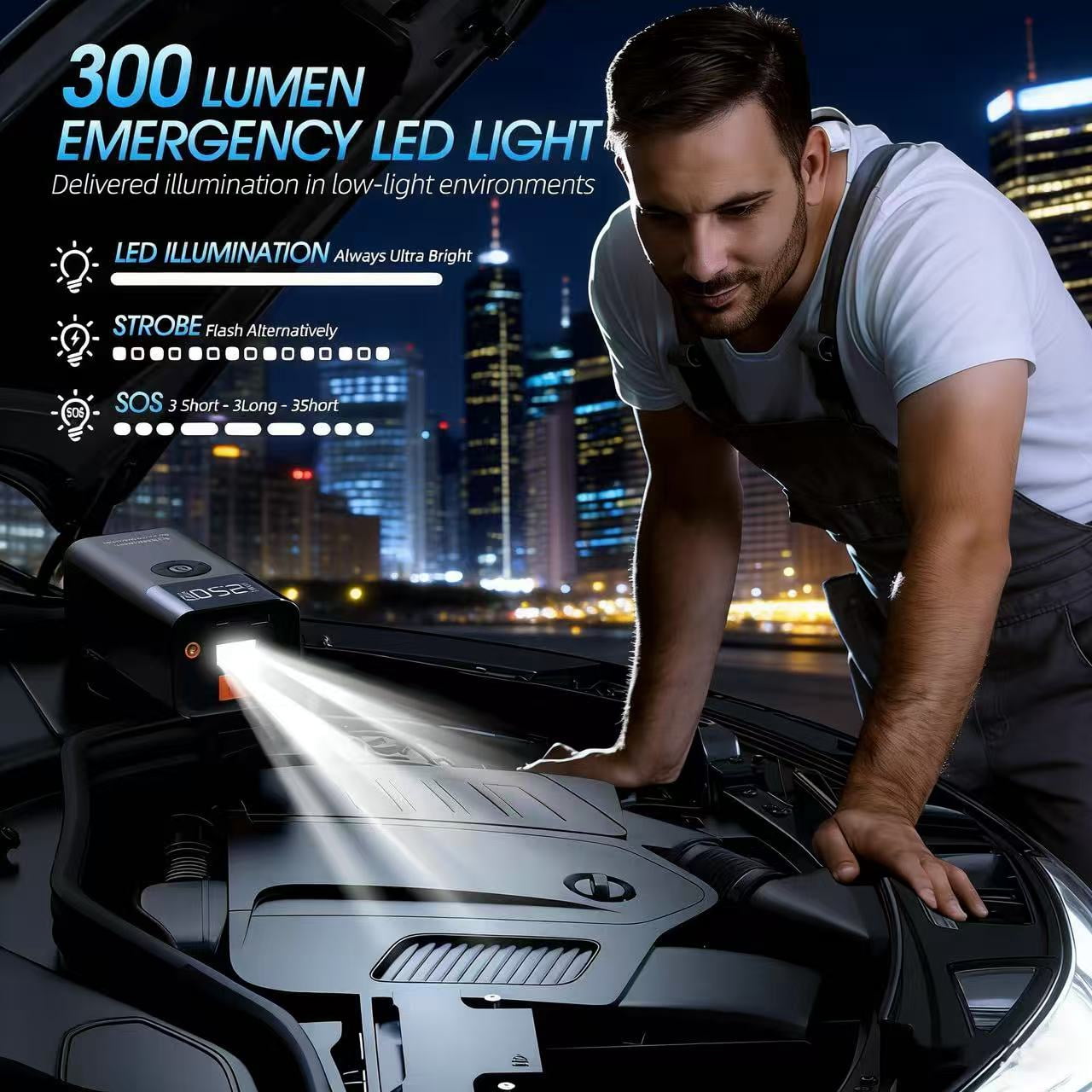 Jump Starter with Air Compressor, 2500A 150PSI Portable Car Battery Jump Starter Pack, 12V Jump Box wSith UB Fast Charge, for up to 9.0 Gas/8.0L Diesel Engine, 3 Modes Lights/Large LCD Display