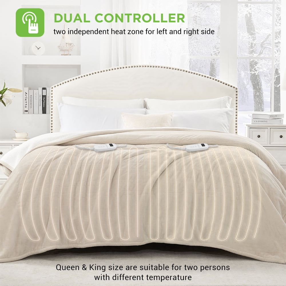 COWIN Electric Blanket King Size,Flannel and Shu velveteen Heated Blanket with 10 Heating Levels & 1-8 Hours Auto Shut Off, Machine Washable, Beige, 100" x 90"