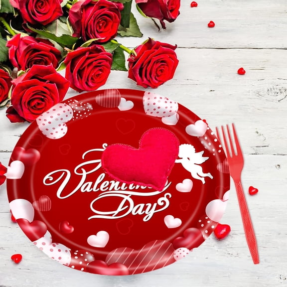 SDJMa 20 Pcs Valentine‘s Day Paper Plates 9 Inches Round Red Heart Disposable Plates for Valentine‘s Day Party Table Decor