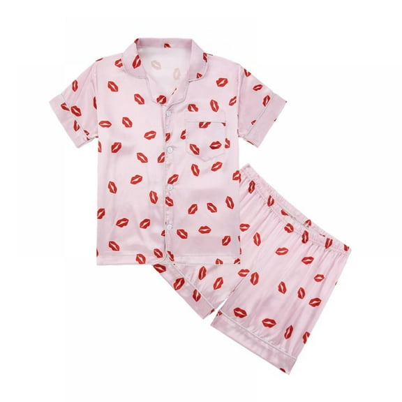 Little Girl Imitate Silk Pajamas Set,Short Sleeve Tops+Short Pants Sleepwear Suit,5-14Y