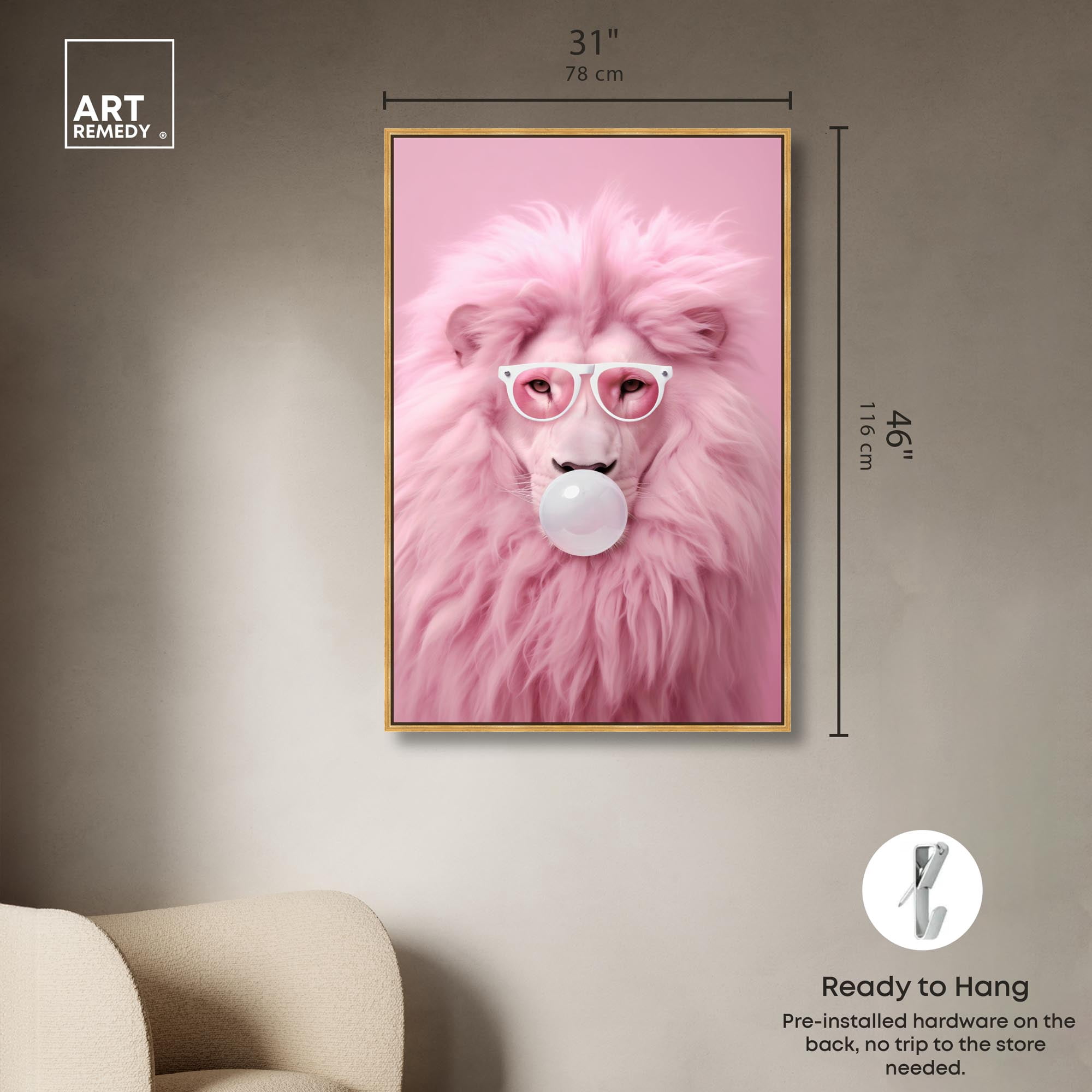 Majestic Bubblegum Lion Canvas Fashion Prints by Art Remedy, Gold Frame, 30" x 45"