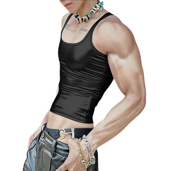 YLSDY Men's Metallic Shiny Cropped Tank Top, Trendy Slim Fit Camisole with Thin Straps for Nightclub and Streetwear Black XXL