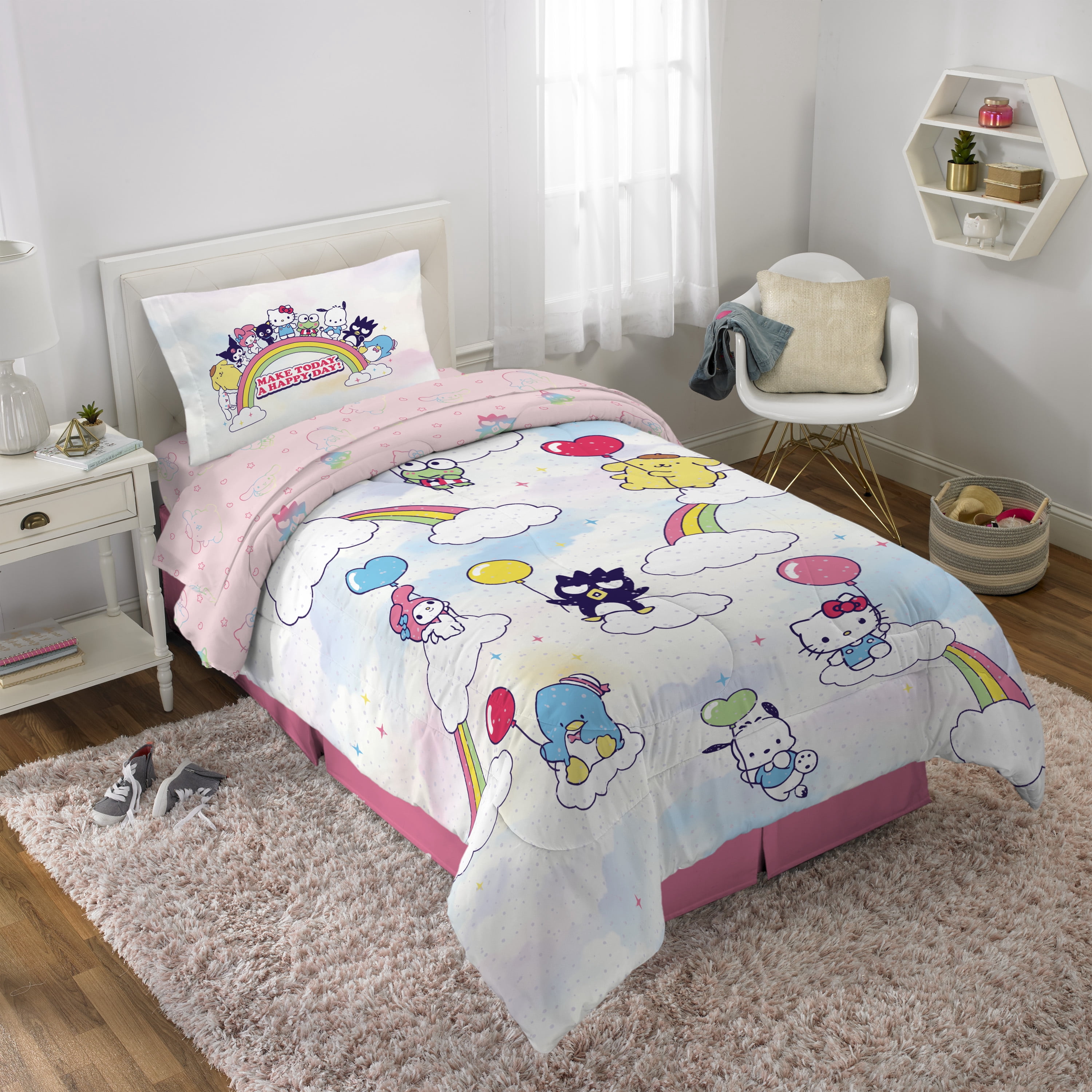 Hello Kitty and Friends Kids 4 Piece Reversible Comforter, Bed in a Bag, Twin