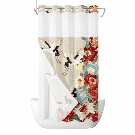 No Hook Japanese Style Shower Curtain with Snap in Liner Set, Country Vintage Blossom Peony Birds Waterproof Fabric Bathroom Curtains with See Through Top Window, Hotel Style Stall 54 x 78 Inch