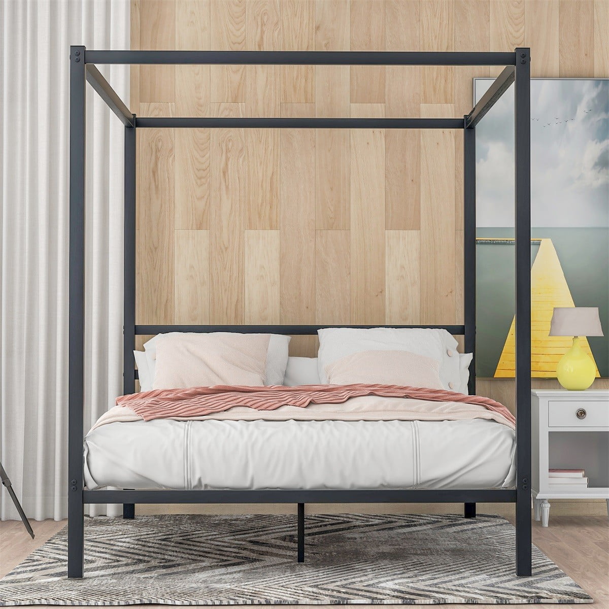 ModernLuxe Metal Framed Queen Canopy Four Poster Platform Bed Frame