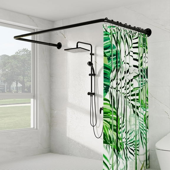 U Shaped Shower Curtain Rod, [Both Sides: 23"-52", Middle: 31"-46.5"] Adjustable U Shape Shower Rod Black Outdoor Corner Curtain Pole for Bathroom Bathtub with Ceiling Support & 12 Hooks
