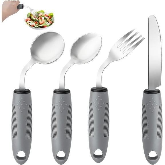 AuntyFey Weighted Adaptive Utensils, 4Pcs 45°Angled Parkinsons Utensils for Hand Tremors, 3.5oz Weighted Built Up Utensils for Adults, Disabled, Parkinson, Left-Handed