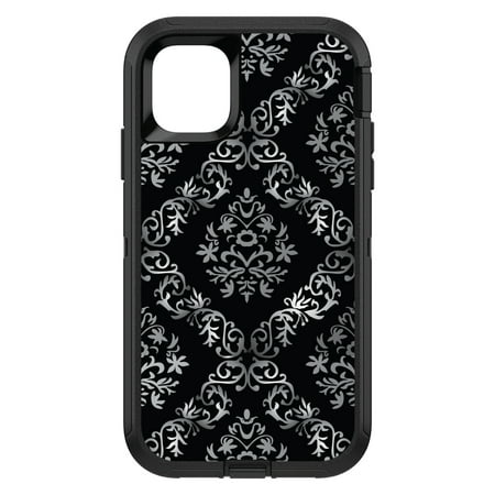 DistinctInk Custom SKIN / DECAL compatible with OtterBox Defender for iPhone 11 (6.1" Screen) - Black White Silver Grey Damask - Floral Damask Pattern