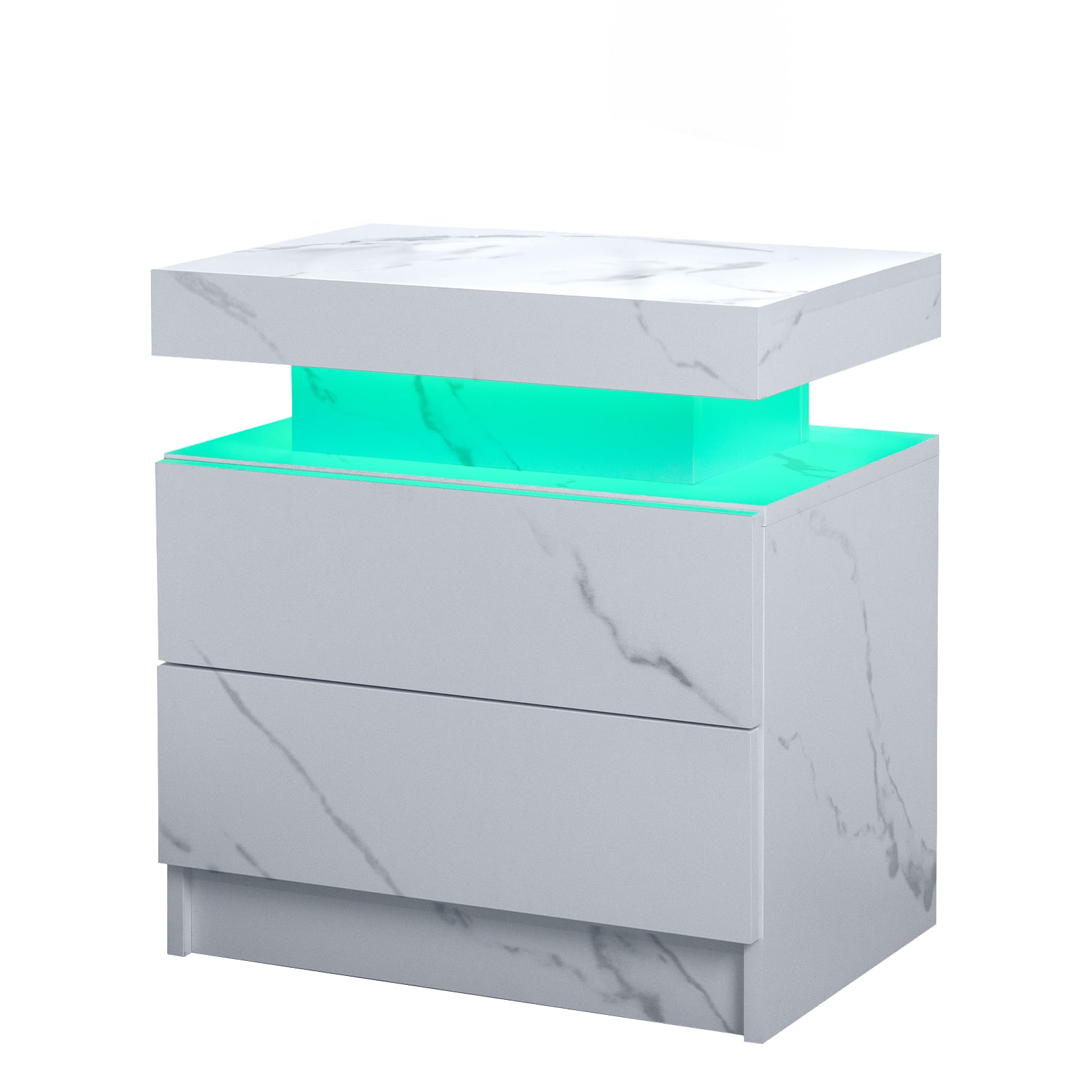 Leumius 2 Drawer Modern Nightstand with LED Light Small Bedside Tables End Side for Bedroom,Matte White