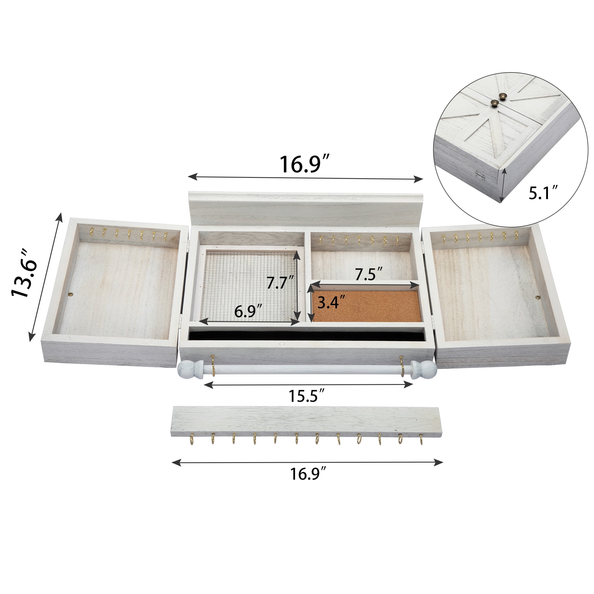Sandinrayli Wall Mount Jewelry Organizer with Wooden Barn Doors, Rustic Jewelry Holder with Removable Hanging Rod for Earrings Bracelets Necklaces Ring Holder Includes Hook Organizer