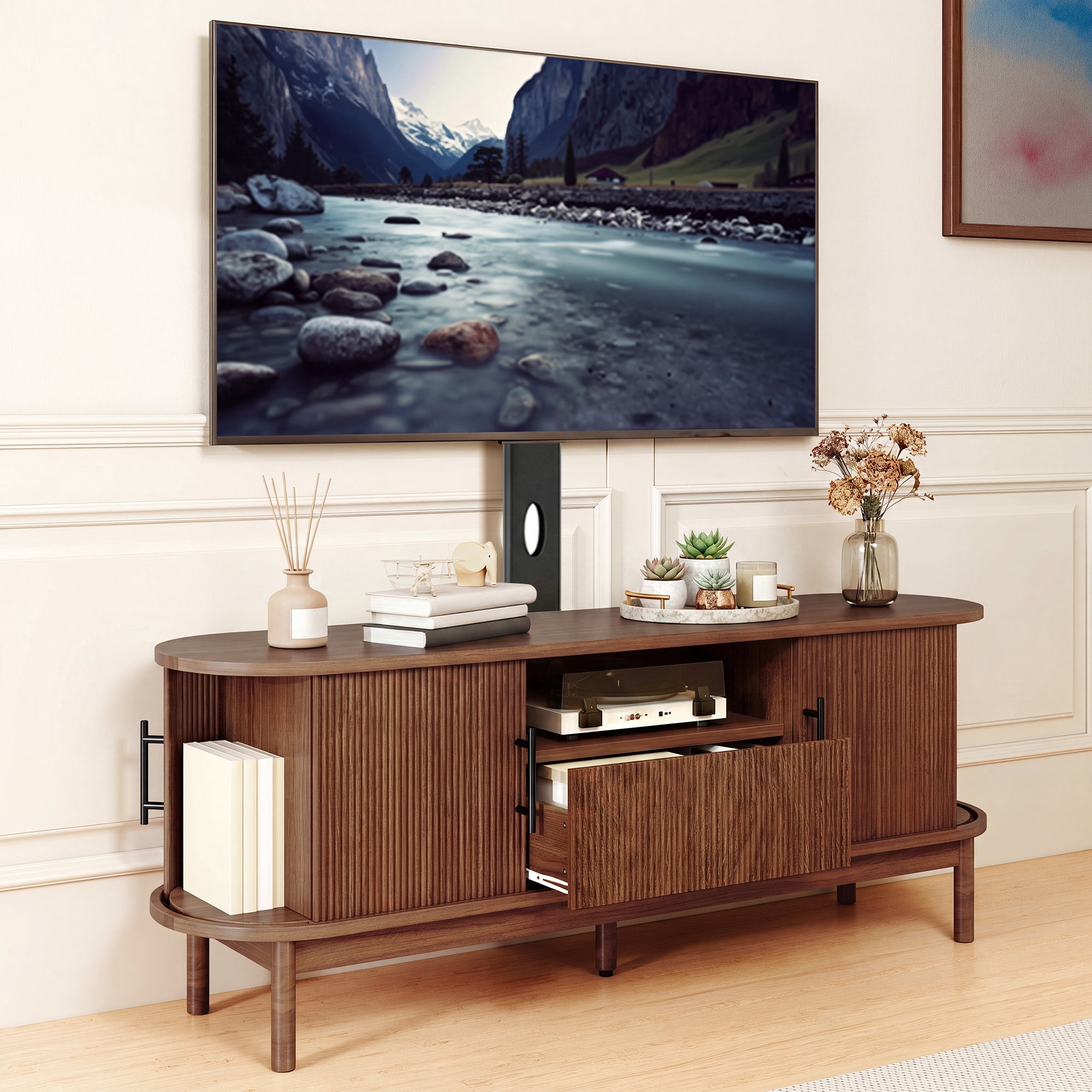 Uforic 60 Inch Modern Fluted TV Stand with Adjustable TV Mount, Fits 32-70 Inch TVs, for Living Room, Walnut