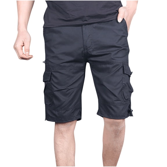 HOOMEUMY Men's Summer Cargo Shorts Cotton Loose Fit Breathable Drawstring Multi-Pocket Zip Straight Short Pants Black M