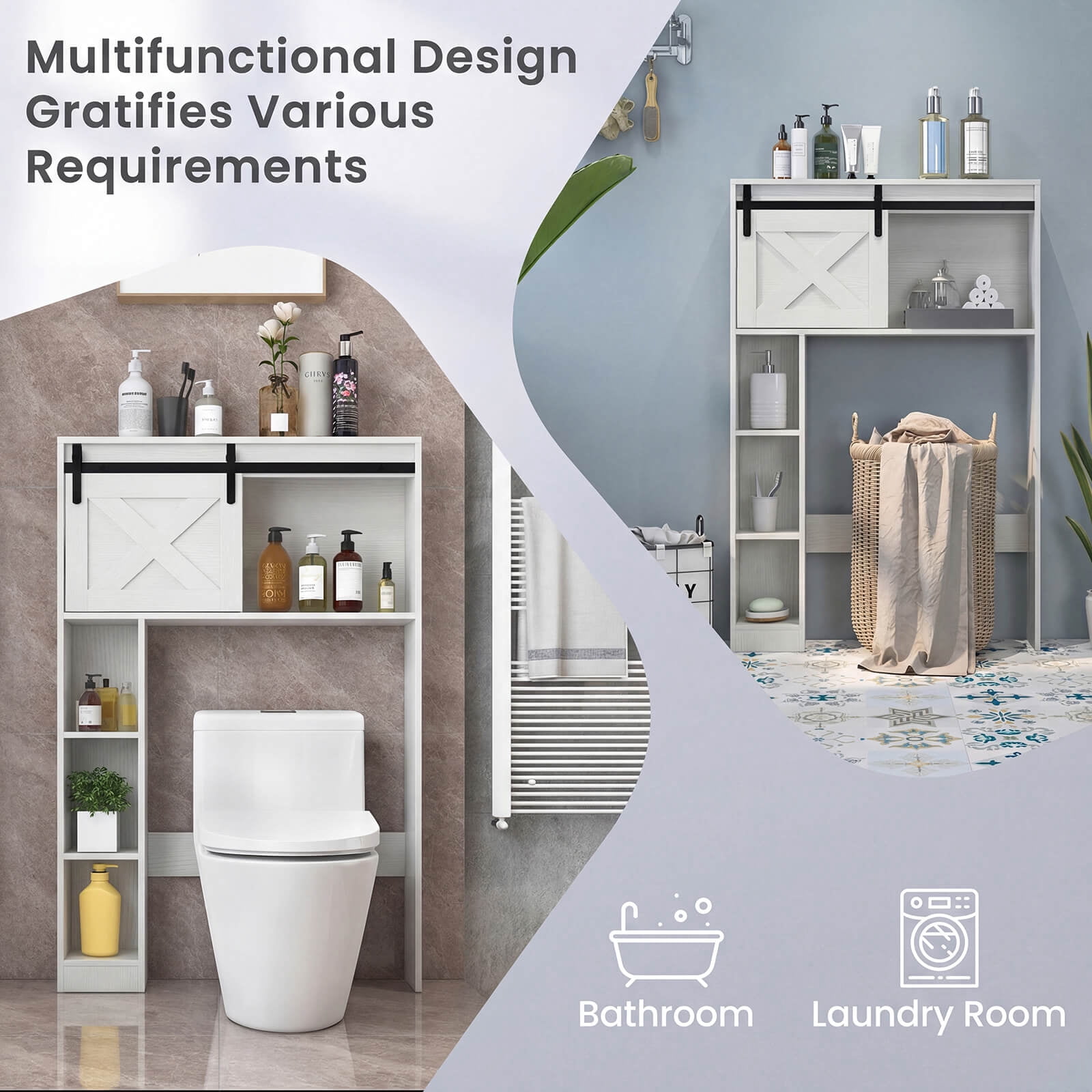 Costway Over the Toilet Bathroom Storage Cabinet with Sliding Barn Door & Shelves White