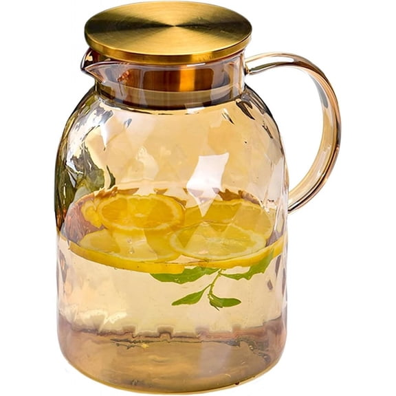 62oz Glass Pitcher with Lid - Amber Borosilicate Water Carafe, Heat Resistant Vintage Jug for Iced Tea, Juice, Lemonade (1.8L)