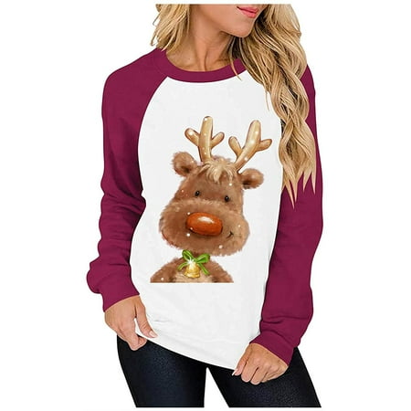 

jsaierl Christmas Sweatshirt Women Long Sleeve Cute Elk Print Top Round Neck Sweatshirt Tunic Pullover Christmas Gifts for Teen Girls