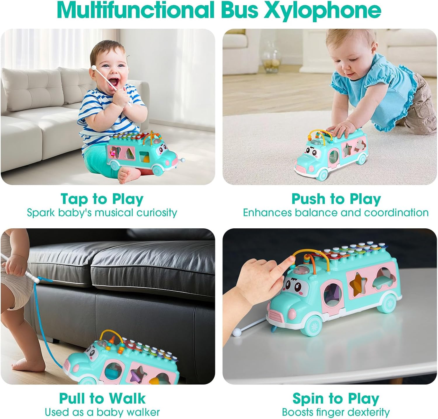 Baby Xylophone for Toddlers 18M+, Bus Shaped Toy Xylophone for Kids with Child Safe Mallet, Shape Sorting Educational Musical Toys and Instruments for Toddlers 1-3