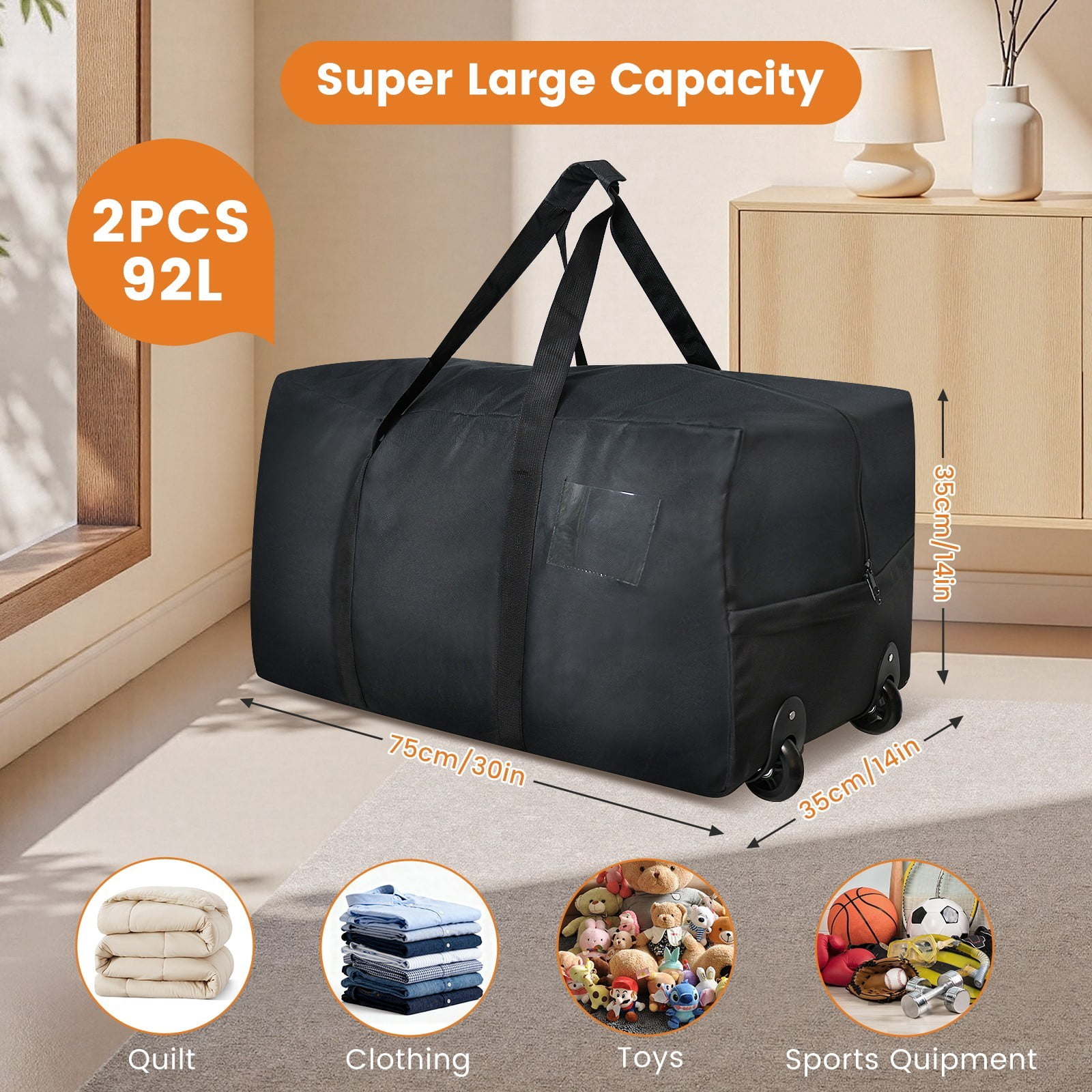 2-Pack 92L Black Heavy Duty Wheeled Duffel Bags, Foldable with Zippers for Moving Travel Storage