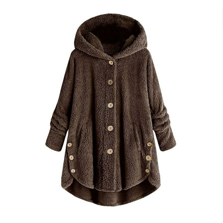 LoyisViDion Women Coats Plus Size Clearance Women Plus Size Button Plush Tops Hooded Loose Cardigan Wool Coat Winter Jacket Rollbacks Coffee 14(Xxxl)