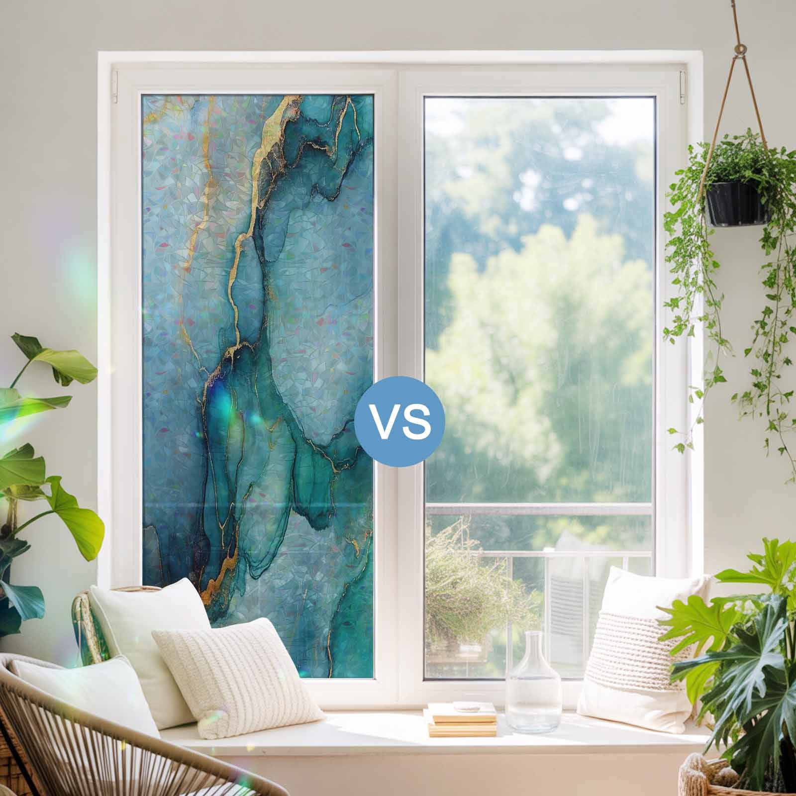 Teal Blue Marble Window Privacy Film Stain Glass,Reusable Decorative Rainbow Window Film,Abstract Artwork Aesthetic Non-Adhesive Static Cling Sun Blocking Stickers Decals Covers 23.6" x 78.7" (2pcs)