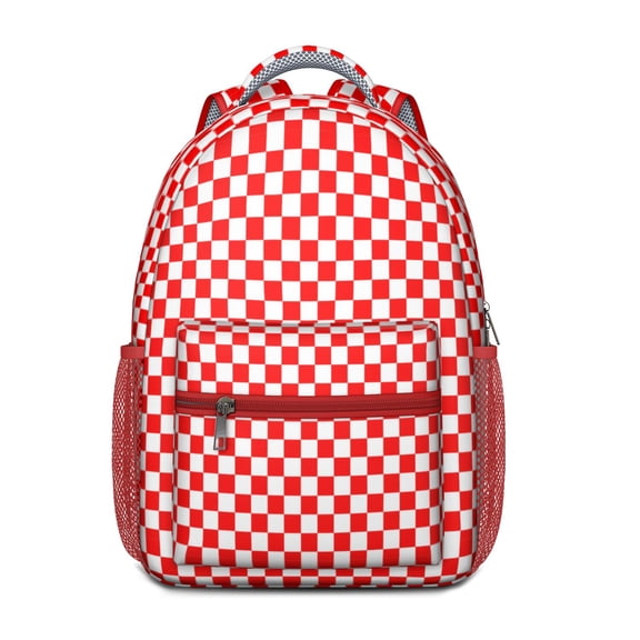 White Red Checkered Backpack for School,Cute School Bag,Schoolbag with Adjustable Shoulder Straps & Padded Back,15.3"x11"x6.7"