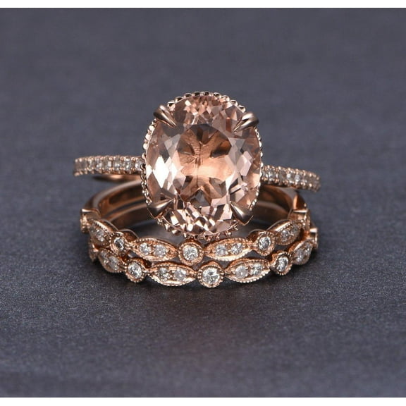 Limited Time Sale 2 carat Morganite and Diamond Trio Ring Set in 10k Rose Gold with One Engagement Ring and 2 Wedding Bands