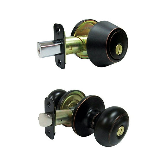 Faultless Fancy Mushroom Aged Bronze Entry Knob and Single Cylinder Deadbolt Right Handed