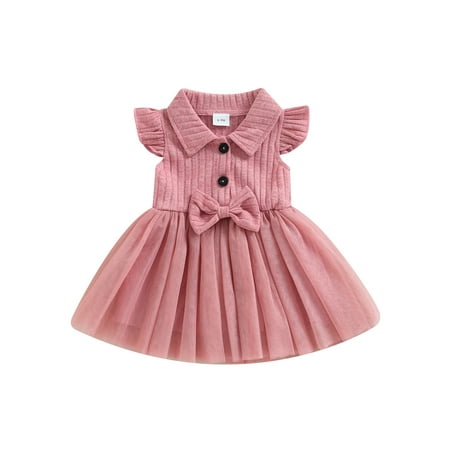 

Binpure Infant Baby Girls Princess Dress Solid Color Turn-Down Collar Fly Sleeve Buttons Bow Layered Tulle Tutu Cute Dress