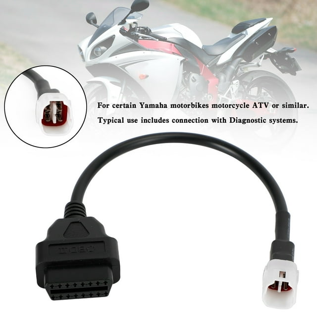 Adaptateur de Diagnostic de Câble 4 Broches vers OBD2 Compatible avec Yamaha R1 R6 MT09. un Câble ABS Noir Comprenant un Connecteur OBD2 16 Broches et une Fiche 4 Broches, Convient aux Motos Yamaha, VTT et Véhicules Similaires. Idéal pour Connecter des Systèmes de Diagnostic pour Lire et Réinitialiser des codes d'Anomalie. Affiché avec une Moto Yamaha en Arrière-Plan.