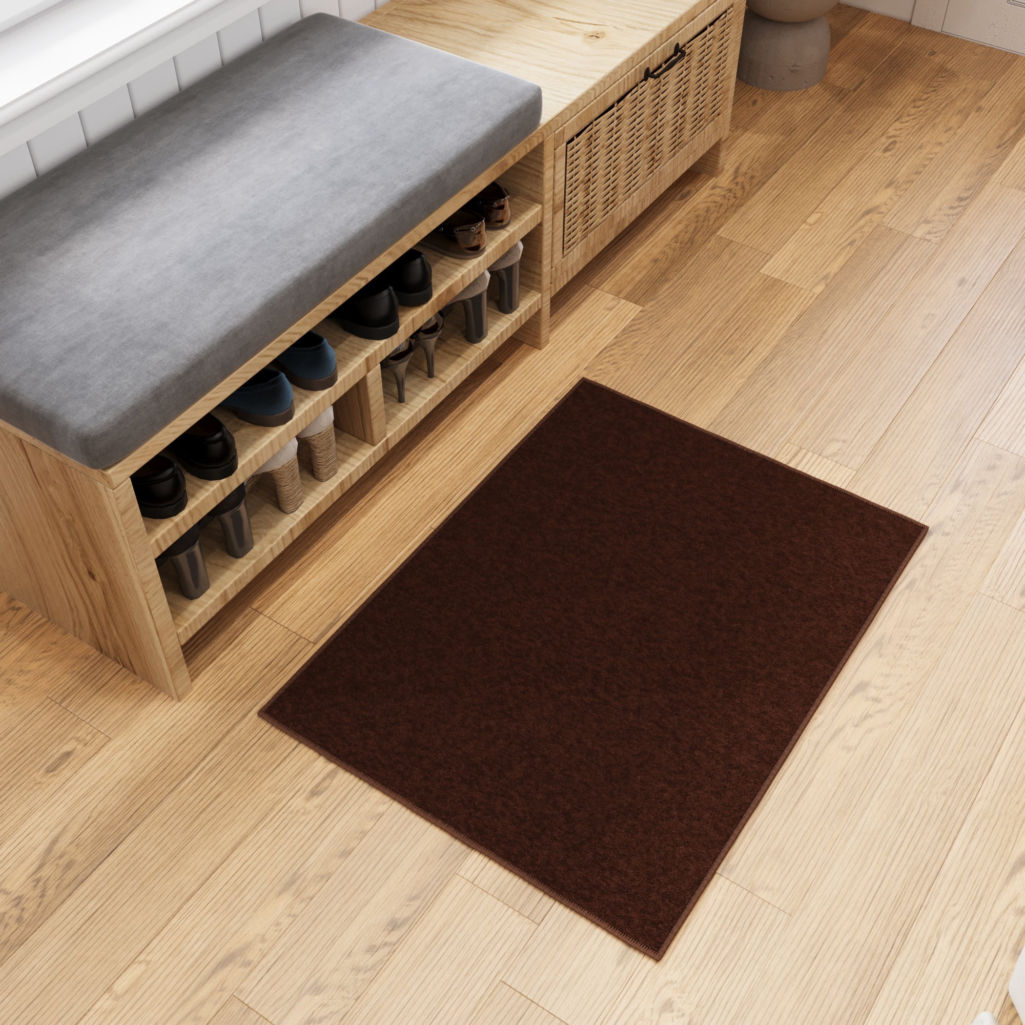 Ottomanson Solid Indoor Doormat 2'3" x 3' - Non Slip Low Pile Area Rug for Entryway, Brown